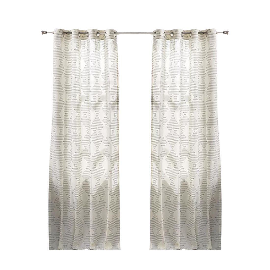 Pair of Off White Linen Curtains With Geometric Threads