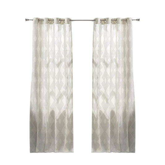 Pair of Off White Linen Curtains With Geometric Threads