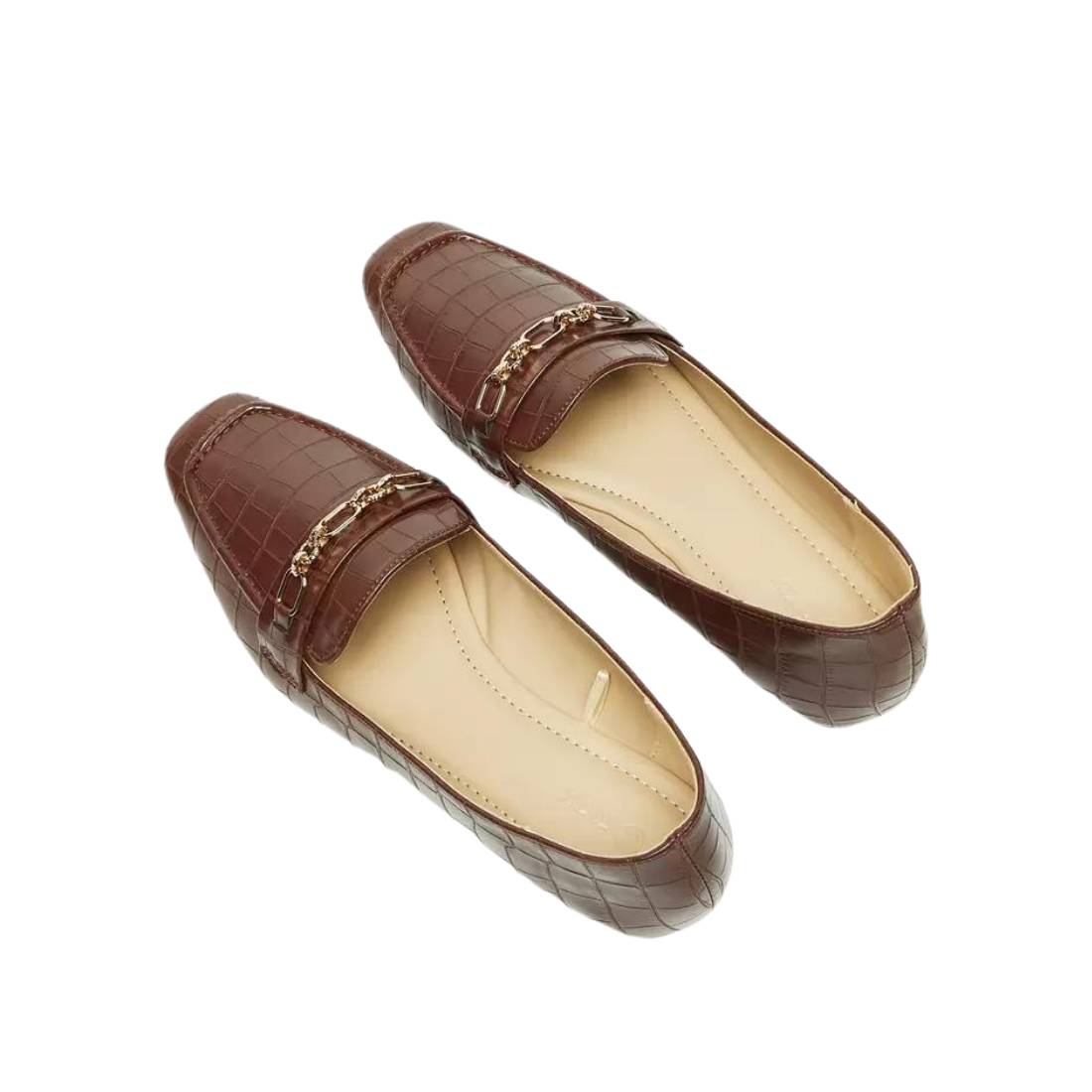 Brown Faux Croco Leather Loafers with  Gold Chain Detail