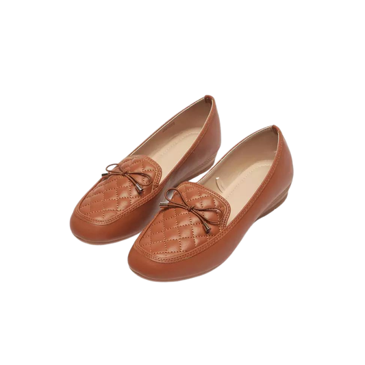 Tan Quilted Slip-On Moccasins with Bow Trim