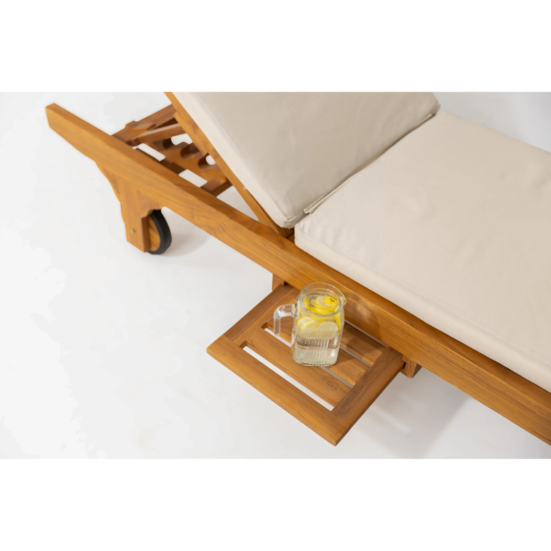 Oak Sun lounger With Upholstered Pad and Retractable Table