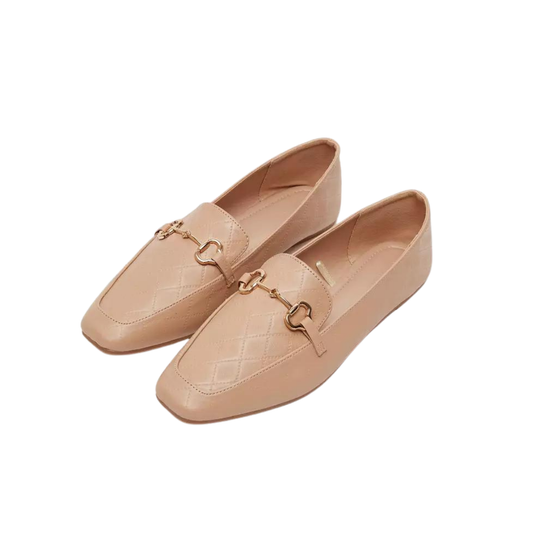 Nude Quilted Slip-On Moccasins with  Gold Buckle