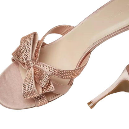 Rose Gold Rhinestone Embellished Slip-On Sandals with Stiletto Heels