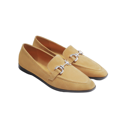 Beige Suede Slip-On Moccasins with Gold Buckle