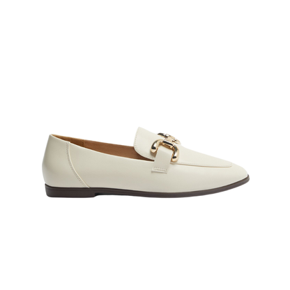 Ecru Leather Slip-On Moccasins with Gold Buckle