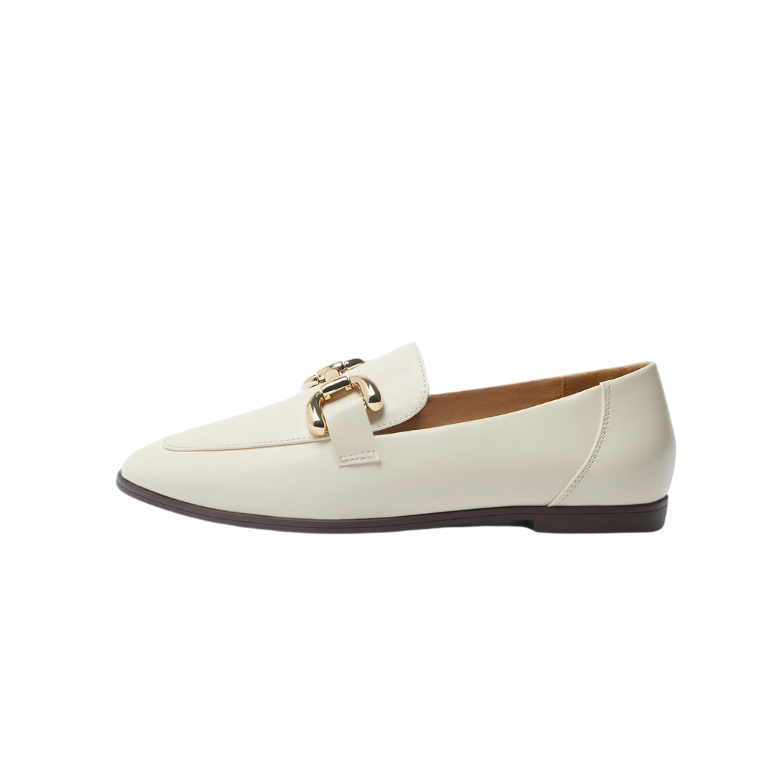 Ecru Leather Slip-On Moccasins with Gold Buckle