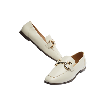 Ecru Leather Slip-On Moccasins with Gold Buckle