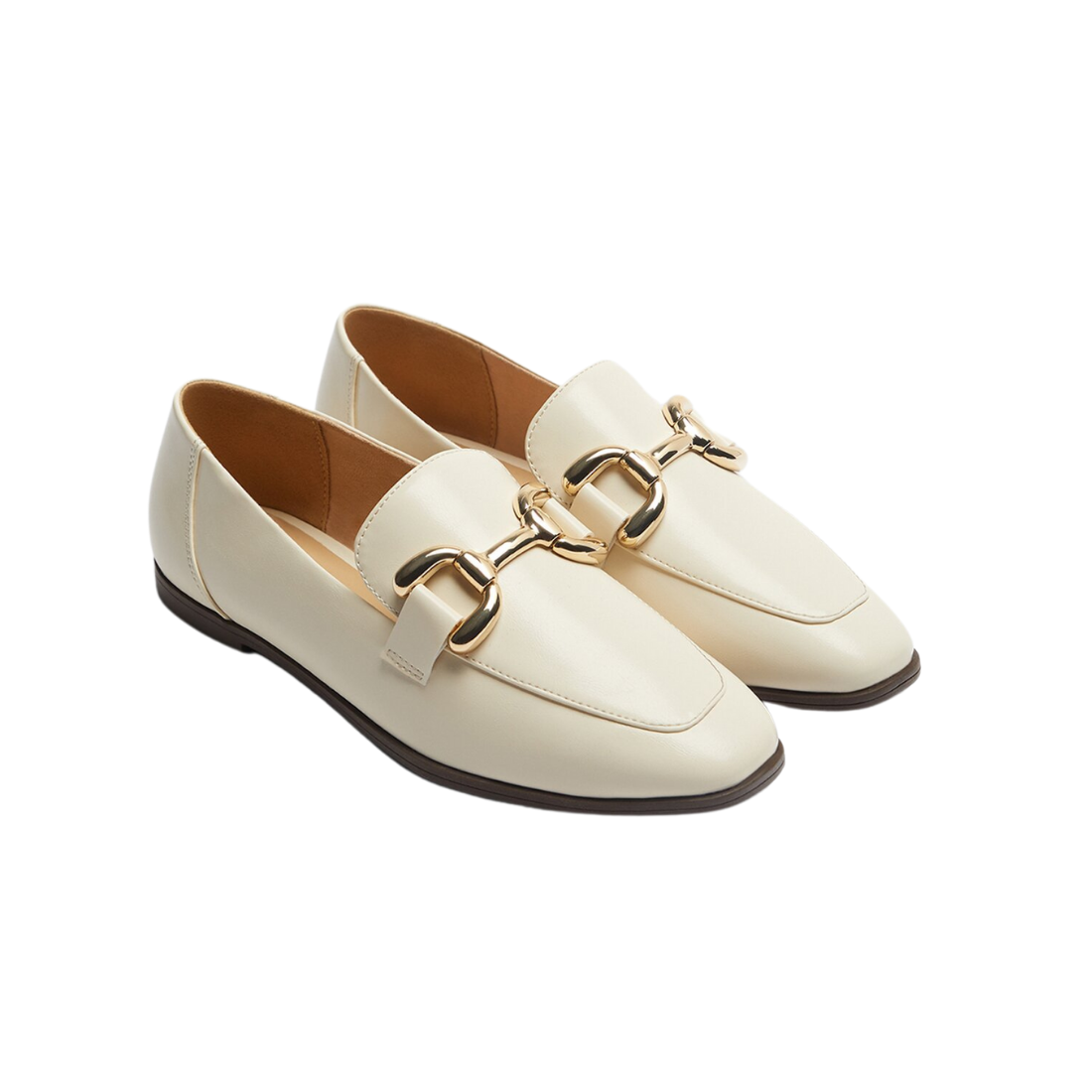 Ecru Leather Slip-On Moccasins with Gold Buckle