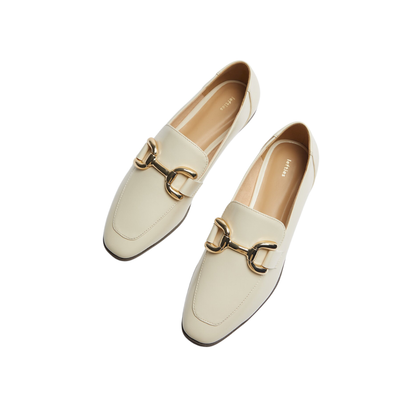 Ecru Leather Slip-On Moccasins with Gold Buckle