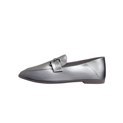 Silver Soft Leather Slip-On Moccasins with Silver Buckle