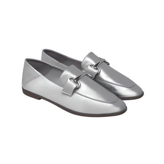 Silver Soft Leather Slip-On Moccasins with Silver Buckle