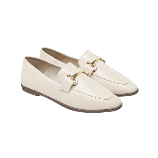 Ecru Soft Leather Slip-On Moccasins with Gold Buckle