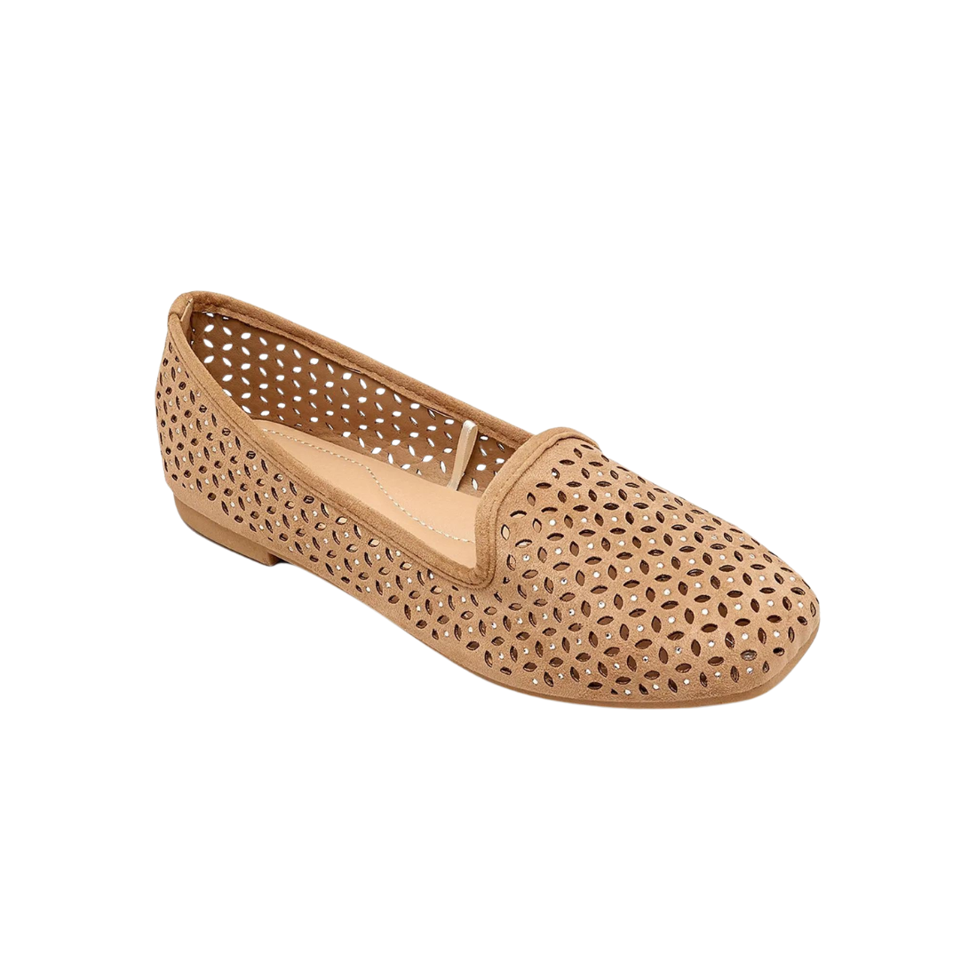 Beige Suede Laser Cut Slip-On Loafers