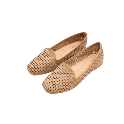 Beige Suede Laser Cut Slip-On Loafers