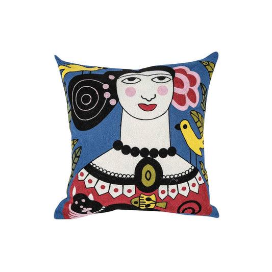 Retro Frida Inspired Embroidered Cushion