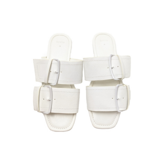 White Double Strap and Buckle Slip On Sandals