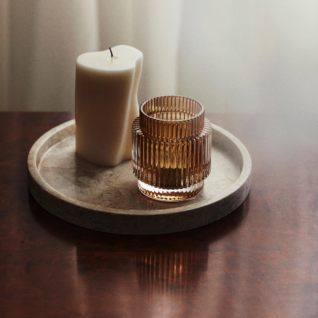 Amber Ribbed Tea light Candle Holder
