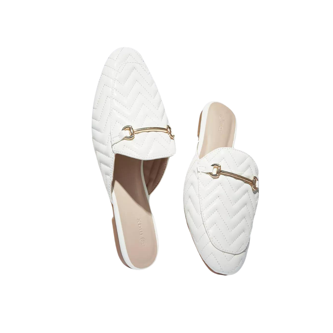 White Chevron Textured Mules with  Metallic Accent