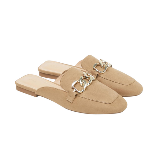 Beige Slip On Loafer Mules with Gold Buckle Detail