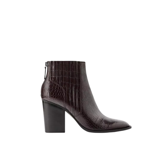 Deep Burgundy Crocodile Textured Midi Boots