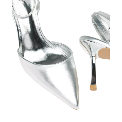 Silver Stiletto Pumps with Ankle Strap