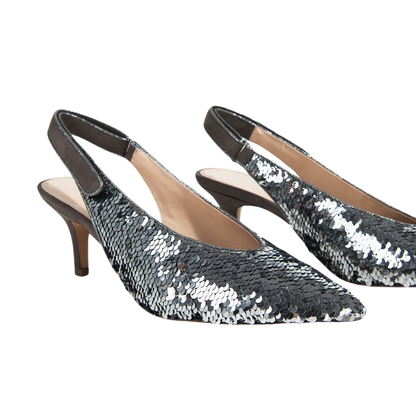 Silver Sequin Vintage Cut Stiletto Slingback