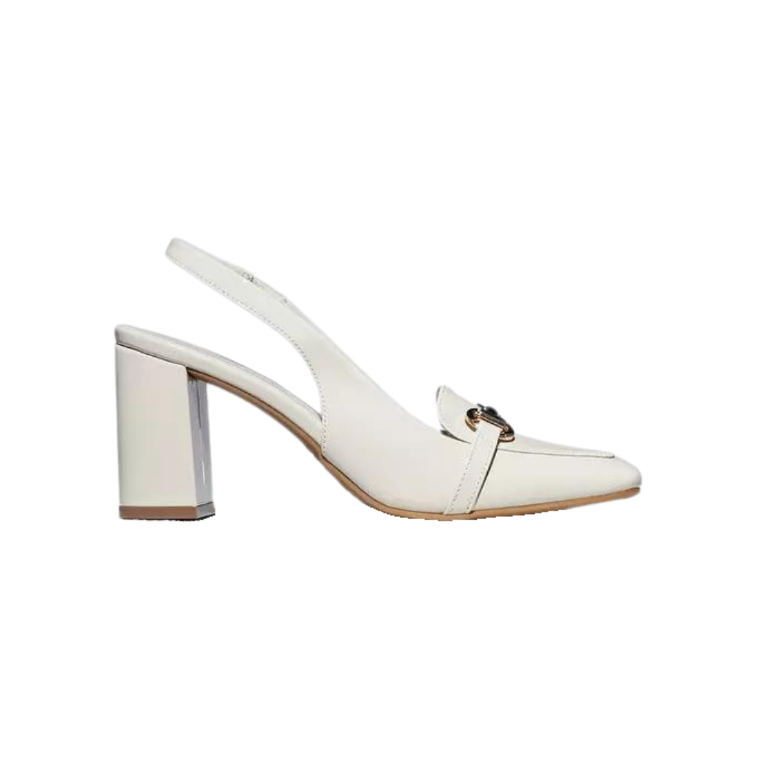 Off White Patent Loafer Style Pumps with Block Heels