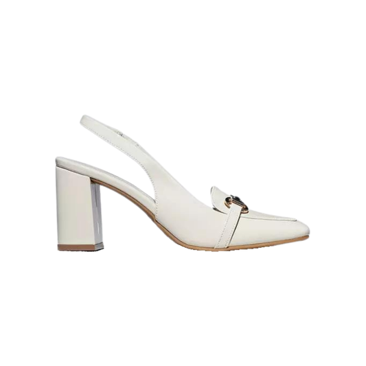 Off White Patent Loafer Style Pumps with Block Heels