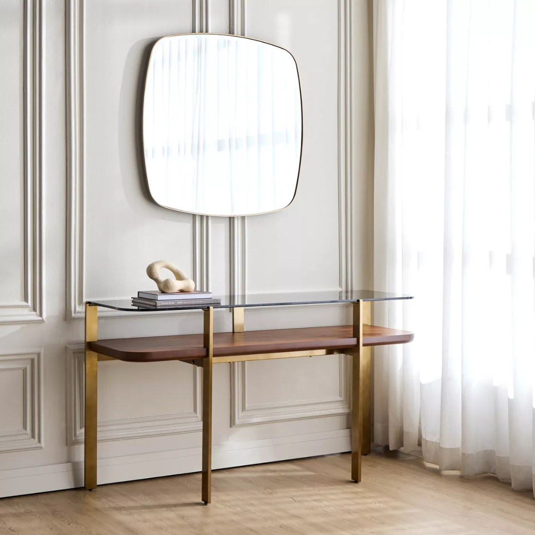Brushed Gold and Glass Console with Mirror