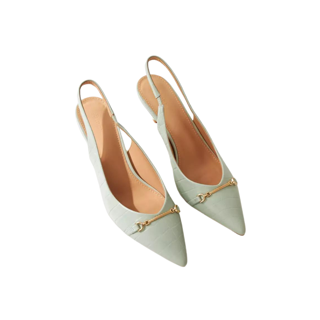 Mint Green Textured Slingback Pumps with Metallic Trim and Kitten Heels