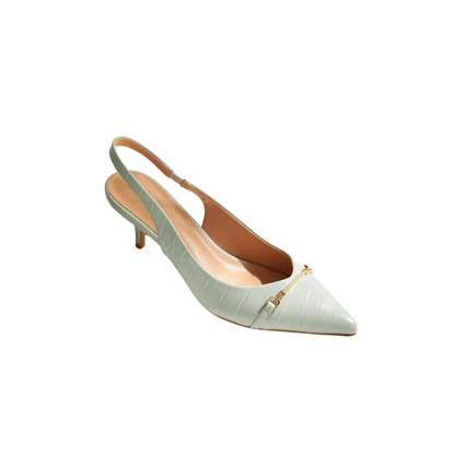 Mint Green Textured Slingback Pumps with Metallic Trim and Kitten Heels