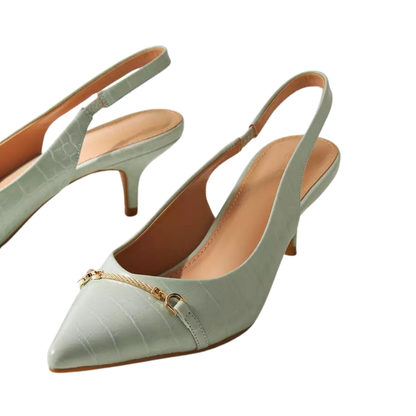 Mint Green Textured Slingback Pumps with Metallic Trim and Kitten Heels