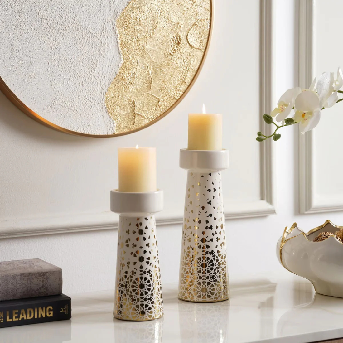 White and Gold Pillar Candle Holder