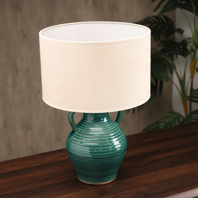 Teal Ceramic Table Lamp with  Beige Lamp Shade
