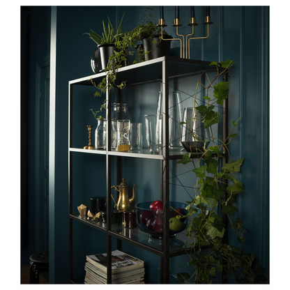 Black and Glass Wide Shelving Unit