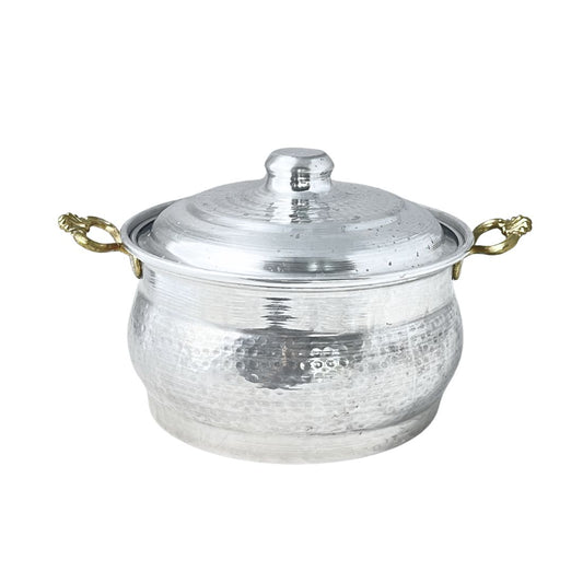 Hammered Silver Pot with Lid and Gold Handles