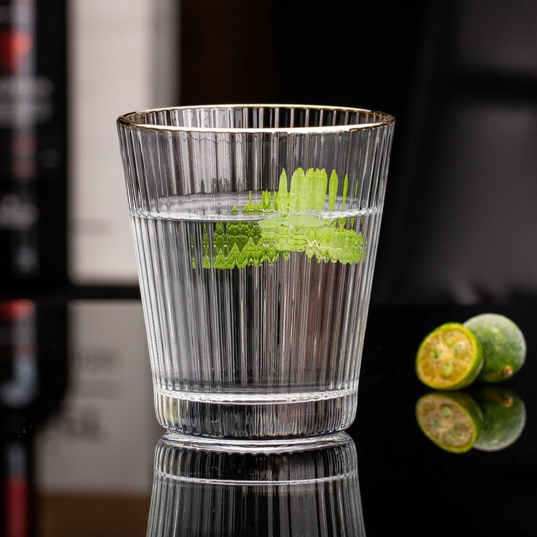 Ribbed Short Glasses with Gold Rim | 28 cl
