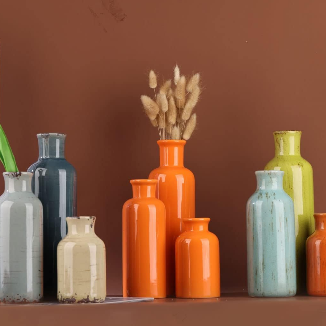 Set of 3 Orange Ceramic Vases