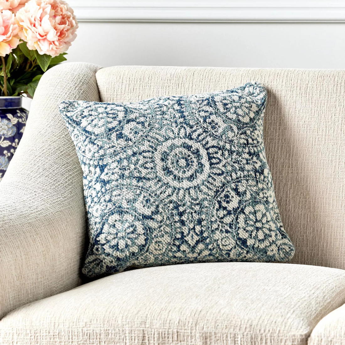 Blue Arabesque Embroidered Cushion