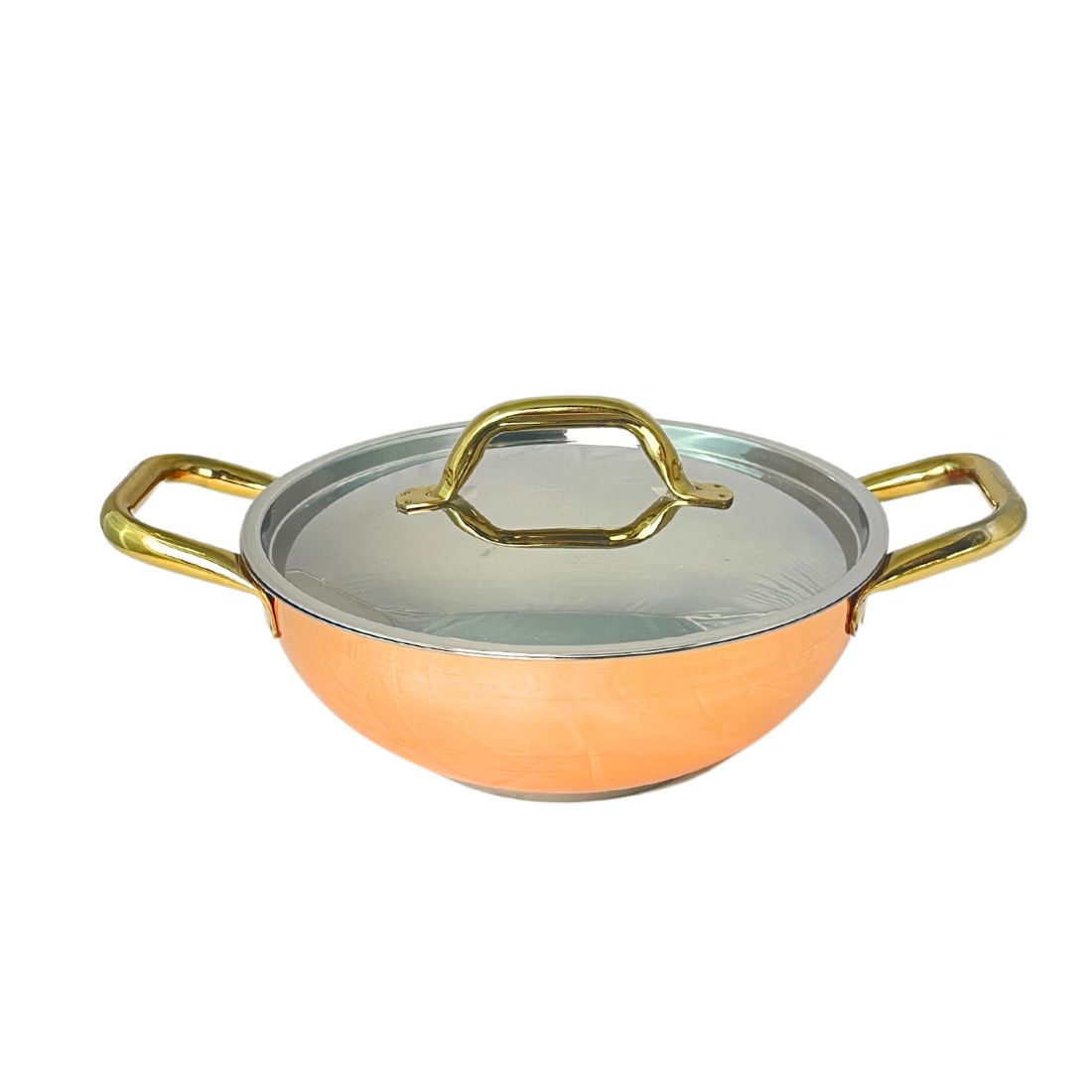 Shiny Copper Casserole with Silver Lid & Gold Handles