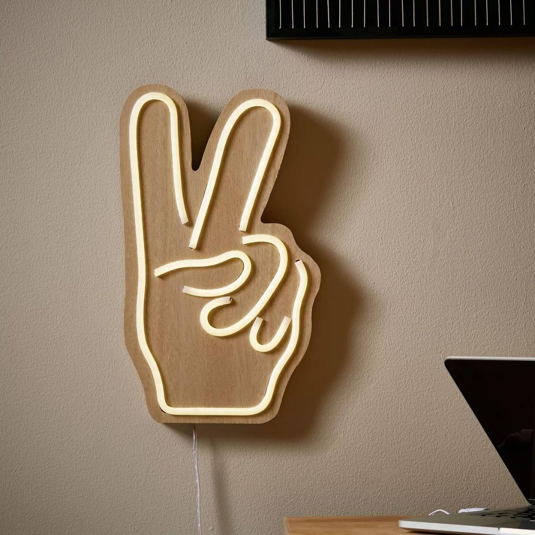 Peace Neon Light with Wooden Base