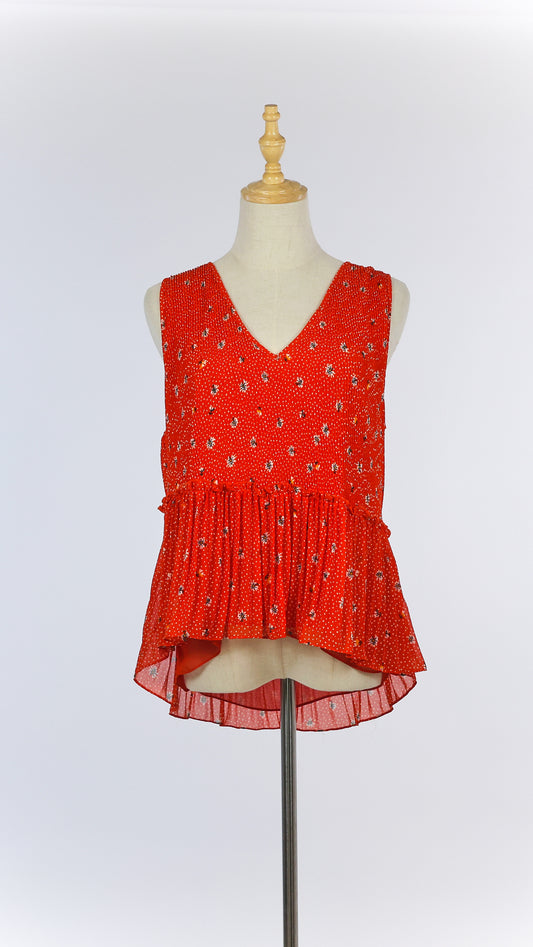 Red Printed Blouse with Ruffled Trim