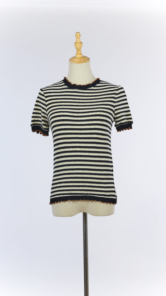 Black & White Striped Knit T-shirt with Trim Details