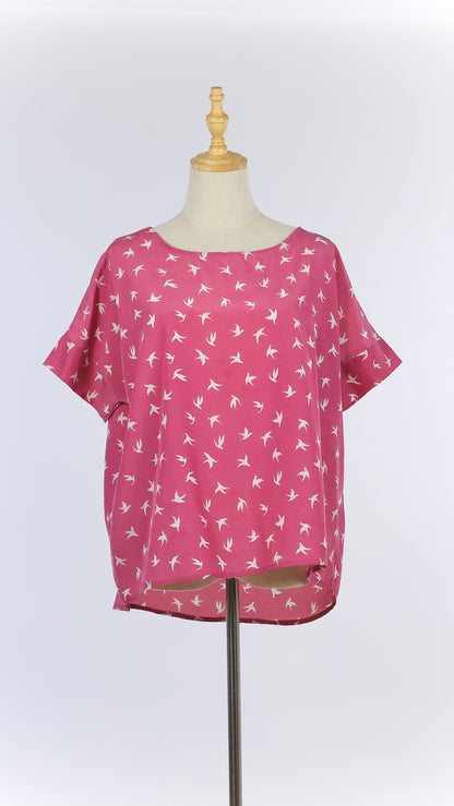 Pink Loose Top with White Bird Prints