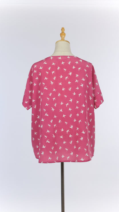 Pink Loose Top with White Bird Prints