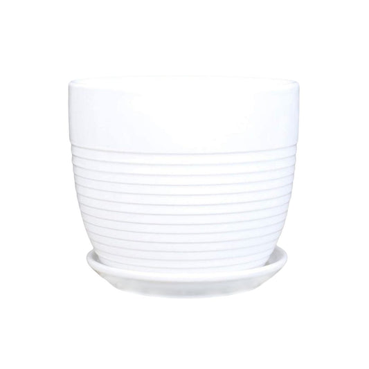 Round White Planter with Attached Plate