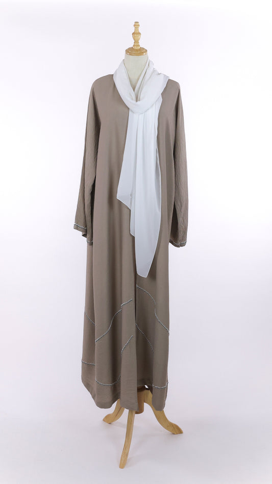 Open Beige Abaya With Beading And Off-White Sheila