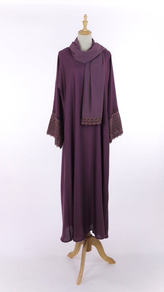 Closed Plum Abaya With Lace And Matching Sheila