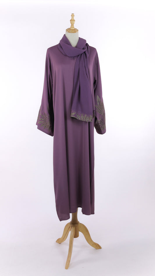 Closed Plum Abaya With Floral Embroidery And Matching Sheila