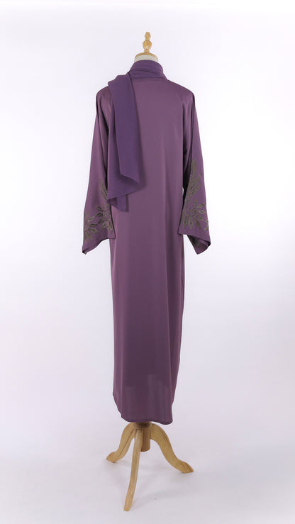Closed Plum Abaya With Floral Embroidery And Matching Sheila